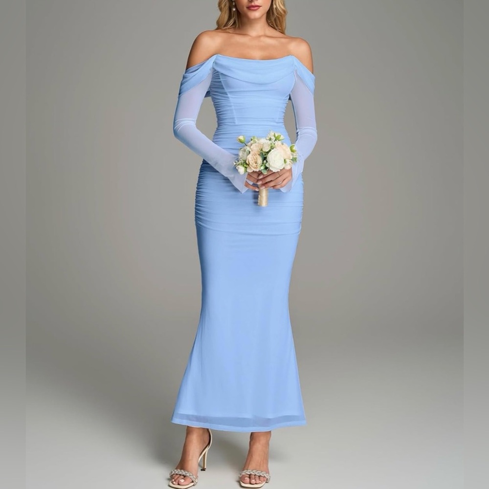 Off Shoulder Elegant Baby Blue Long Sleeve Dress 🩵